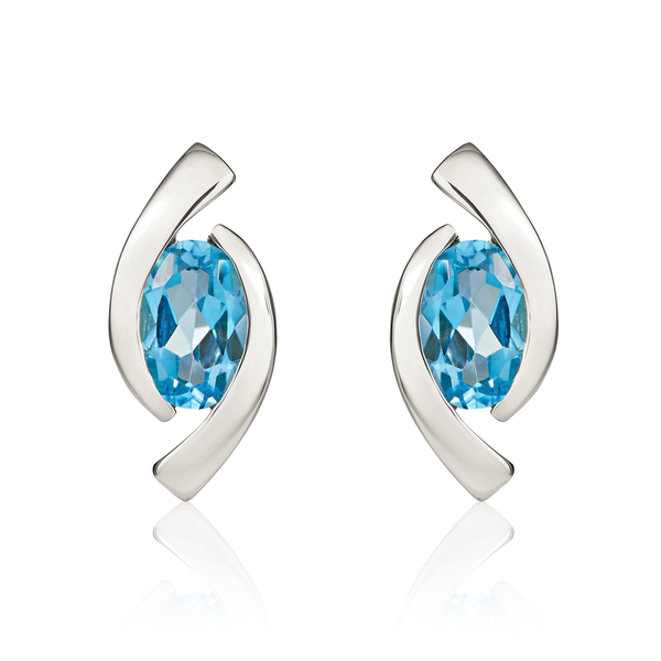 9ct White Gold Oval Natural Swiss Blue Topaz 'Eye' Stud Earrings — 6x4mm