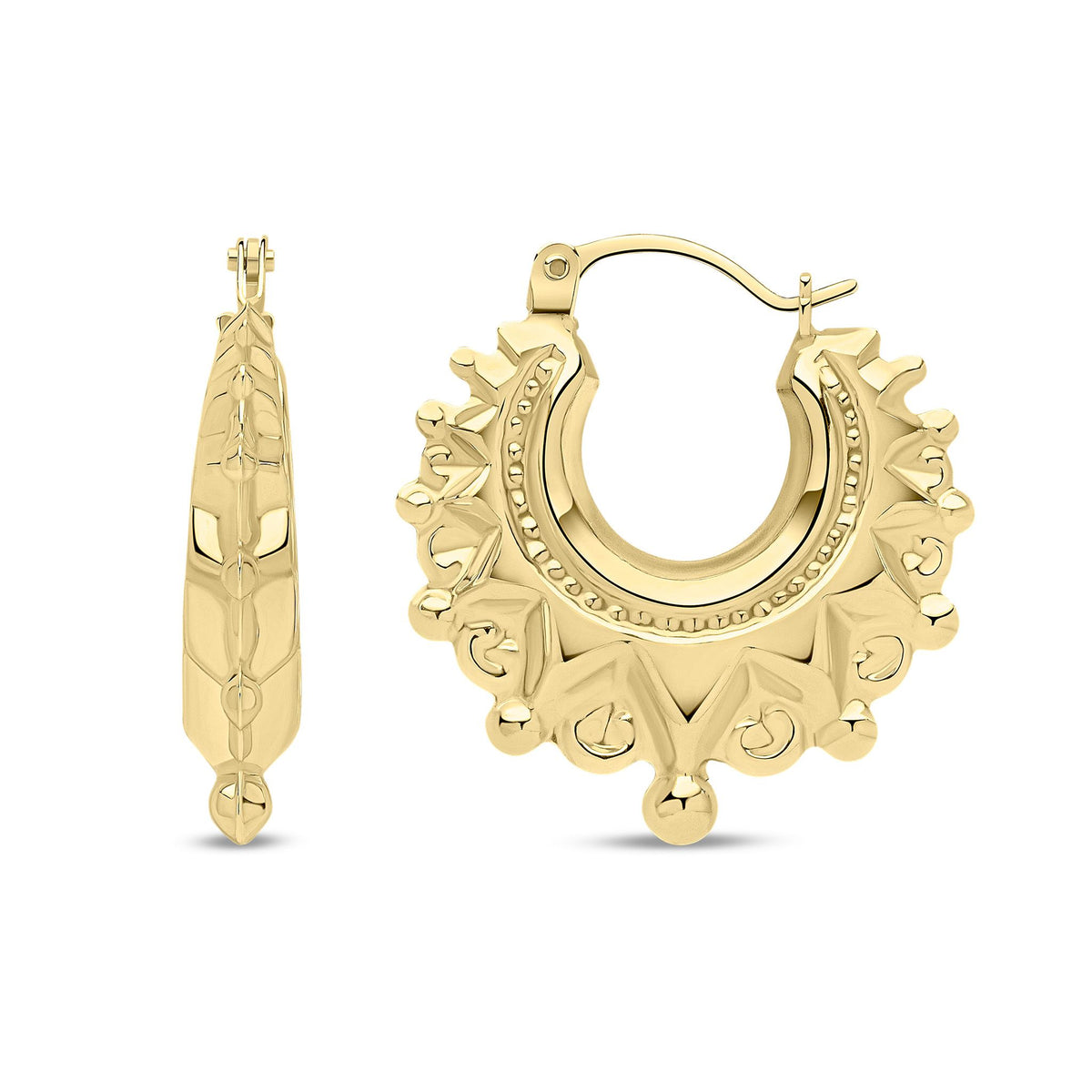 9ct Yellow Gold Ornate Drop Edge Creole Hoop Earrings
