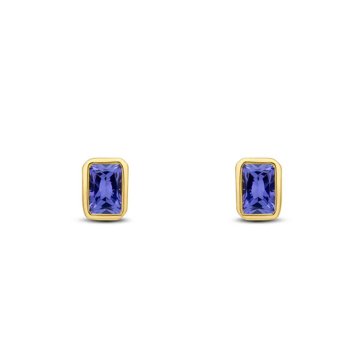 9ct Yellow Gold Octagonal Emerald Cut Natural Tanzanite Rubover Stud Earrings — 5x3mm