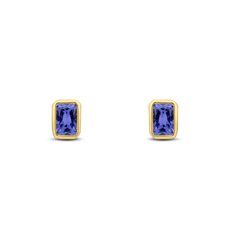 9ct Yellow Gold Octagonal Emerald Cut Natural Tanzanite Rubover Stud Earrings — 5x3mm