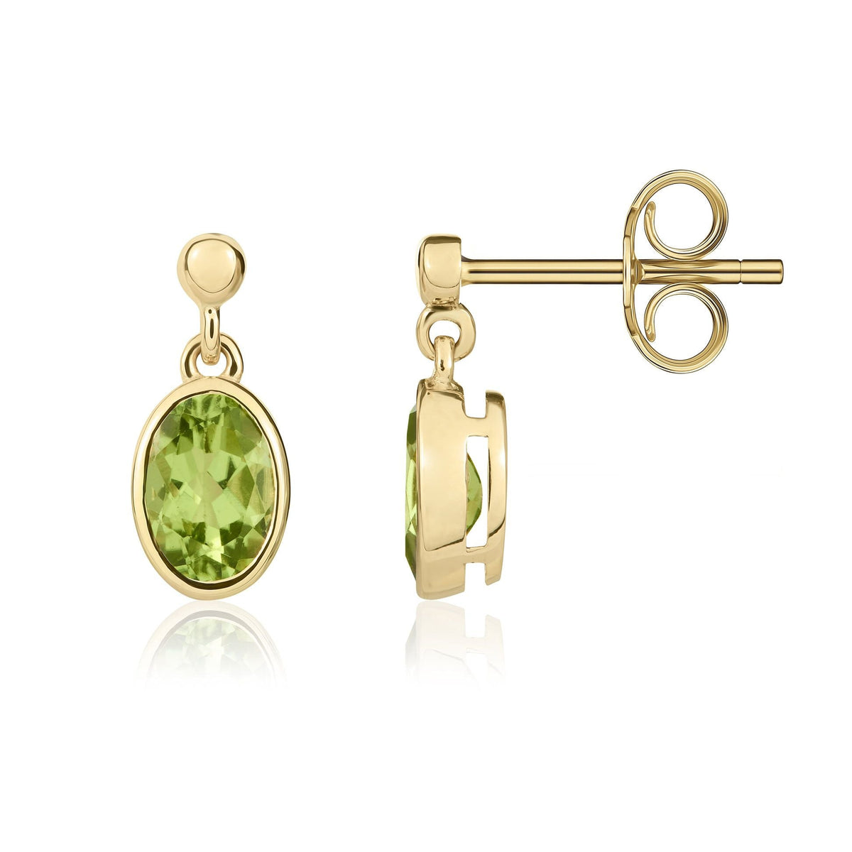 9ct Yellow Gold Oval Natural Peridot Rubover Drop Earrings — 6x4mm