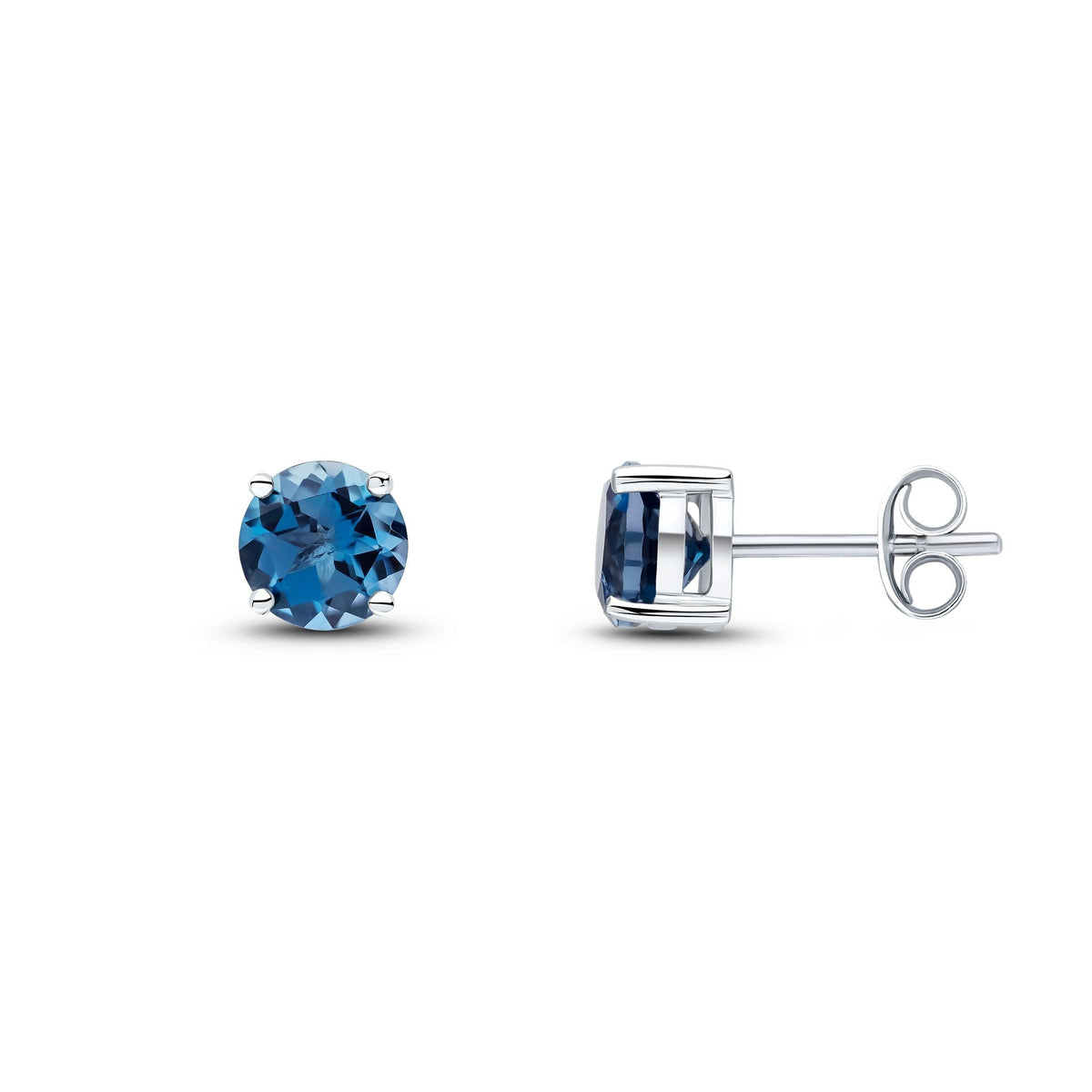9ct White Gold Round Natural London Blue Topaz Claw Set Stud Earrings — 6mm
