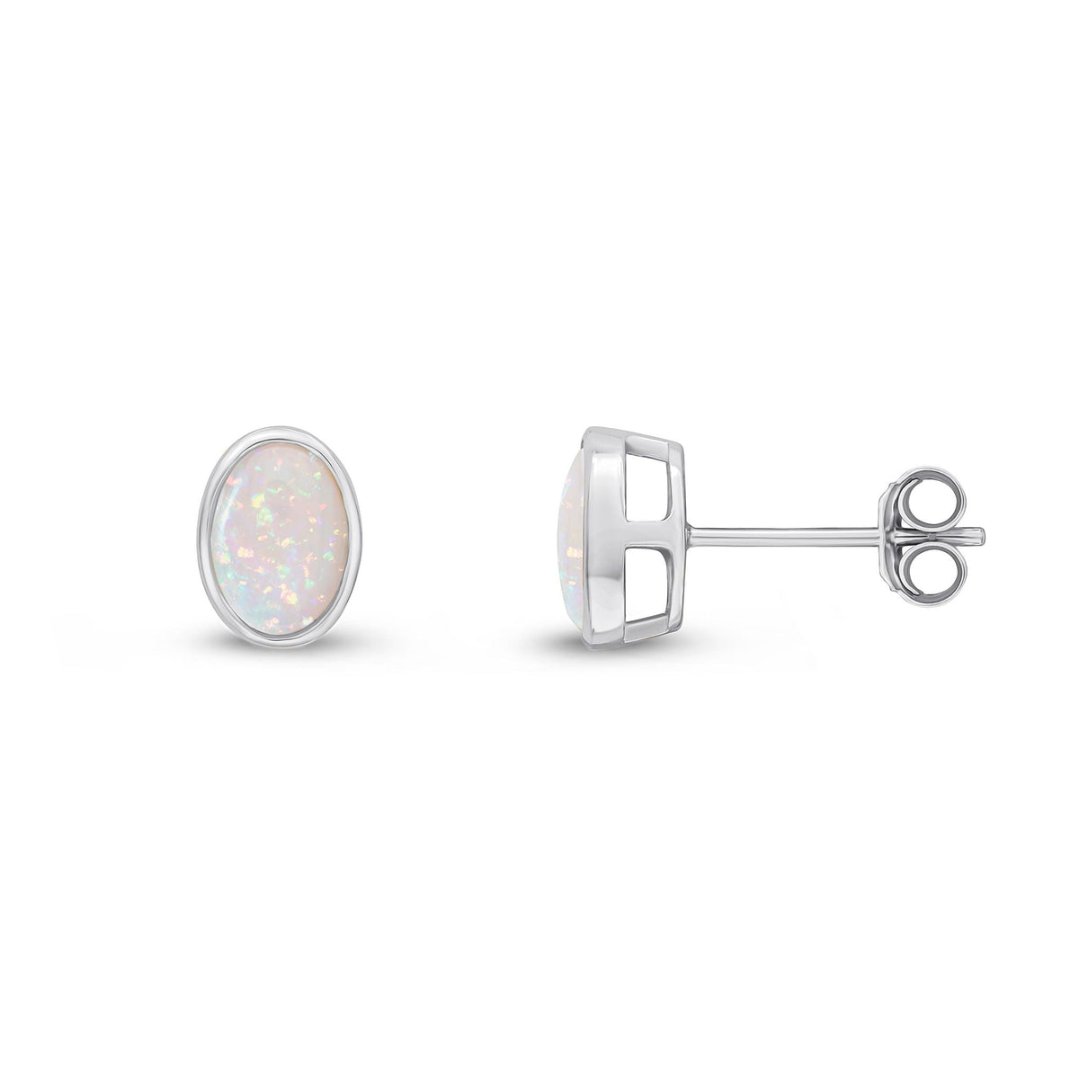 9ct White Gold Oval Natural Opal Rubover Stud Earrings — 7x5mm