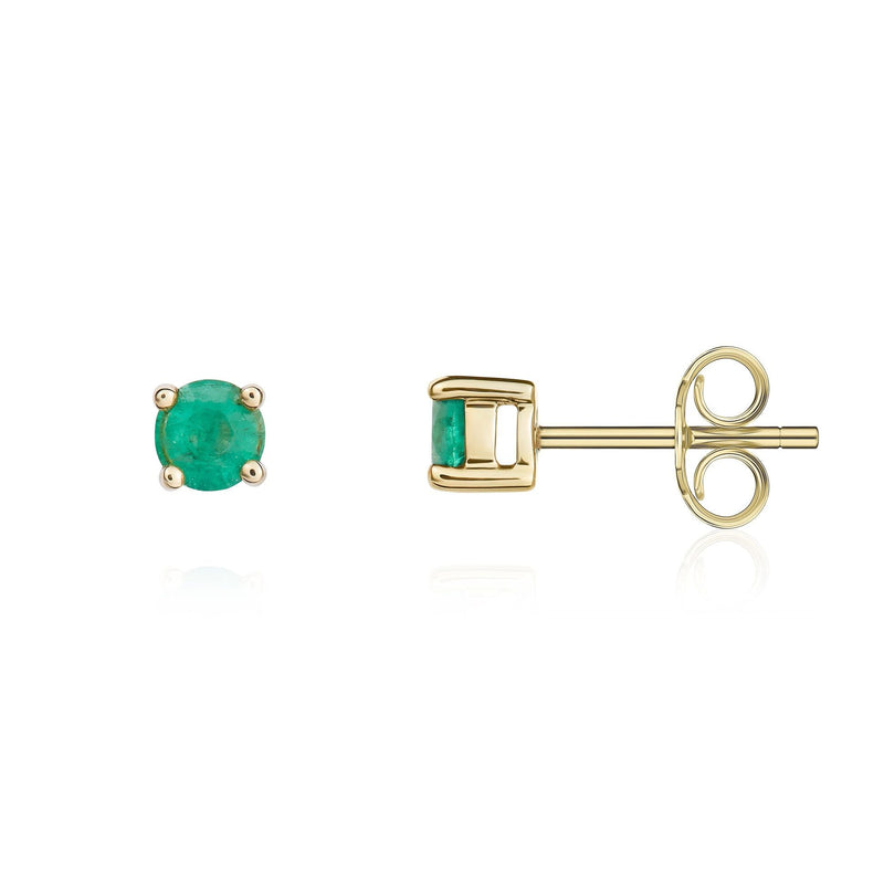 9ct Yellow Gold Round Natural Emerald Claw Stud Earrings — 4mm