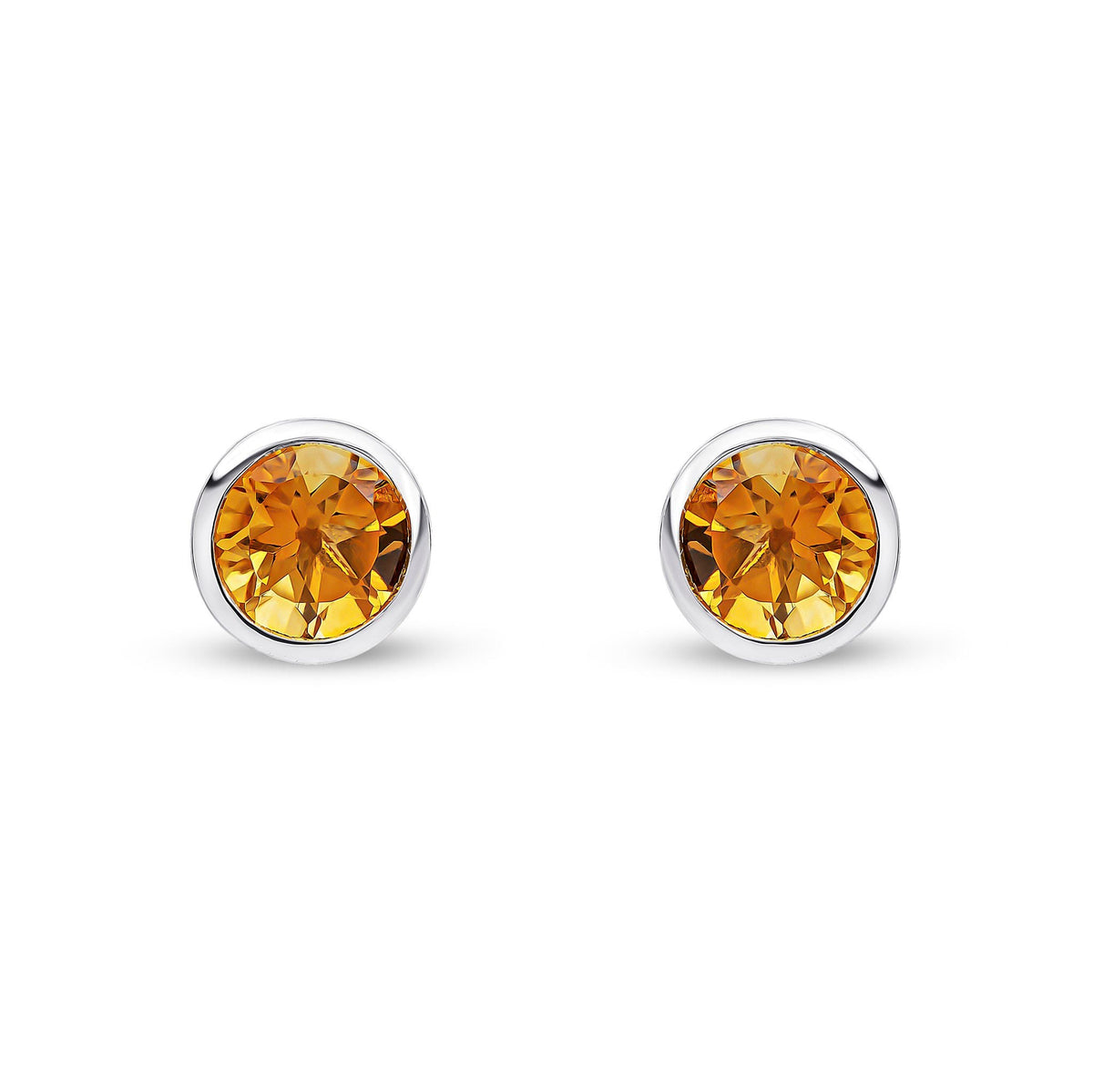 9ct White Gold Round Natural Citrine Rubover Stud Earrings — 6mm