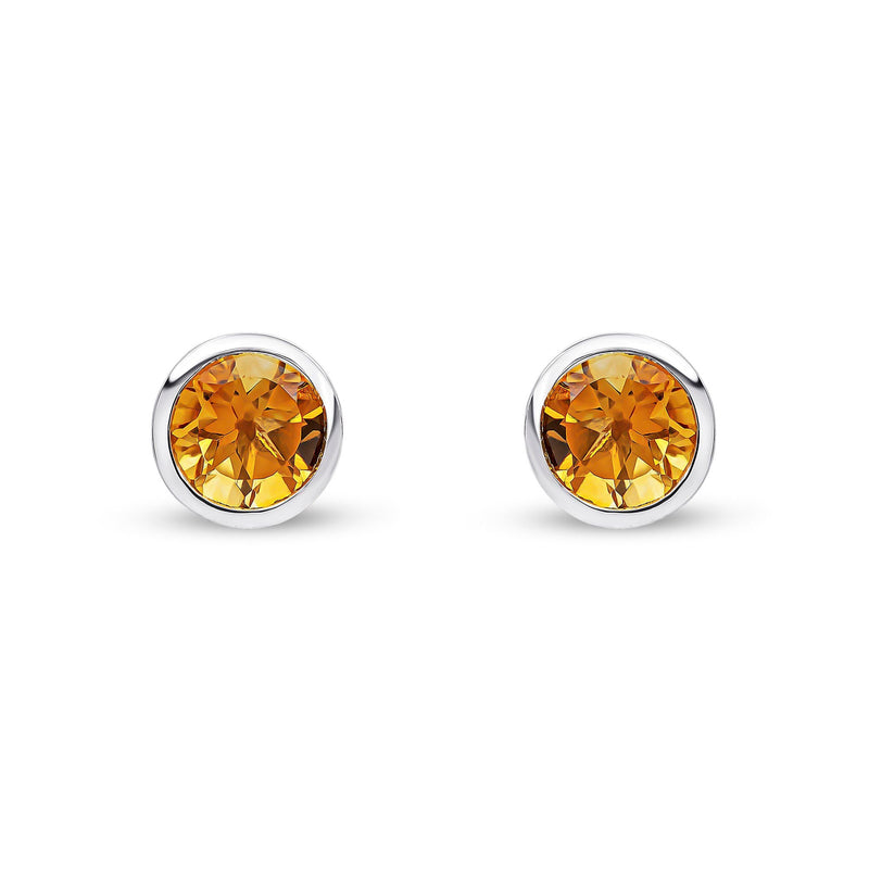 9ct White Gold Round Natural Citrine Rubover Stud Earrings — 6mm