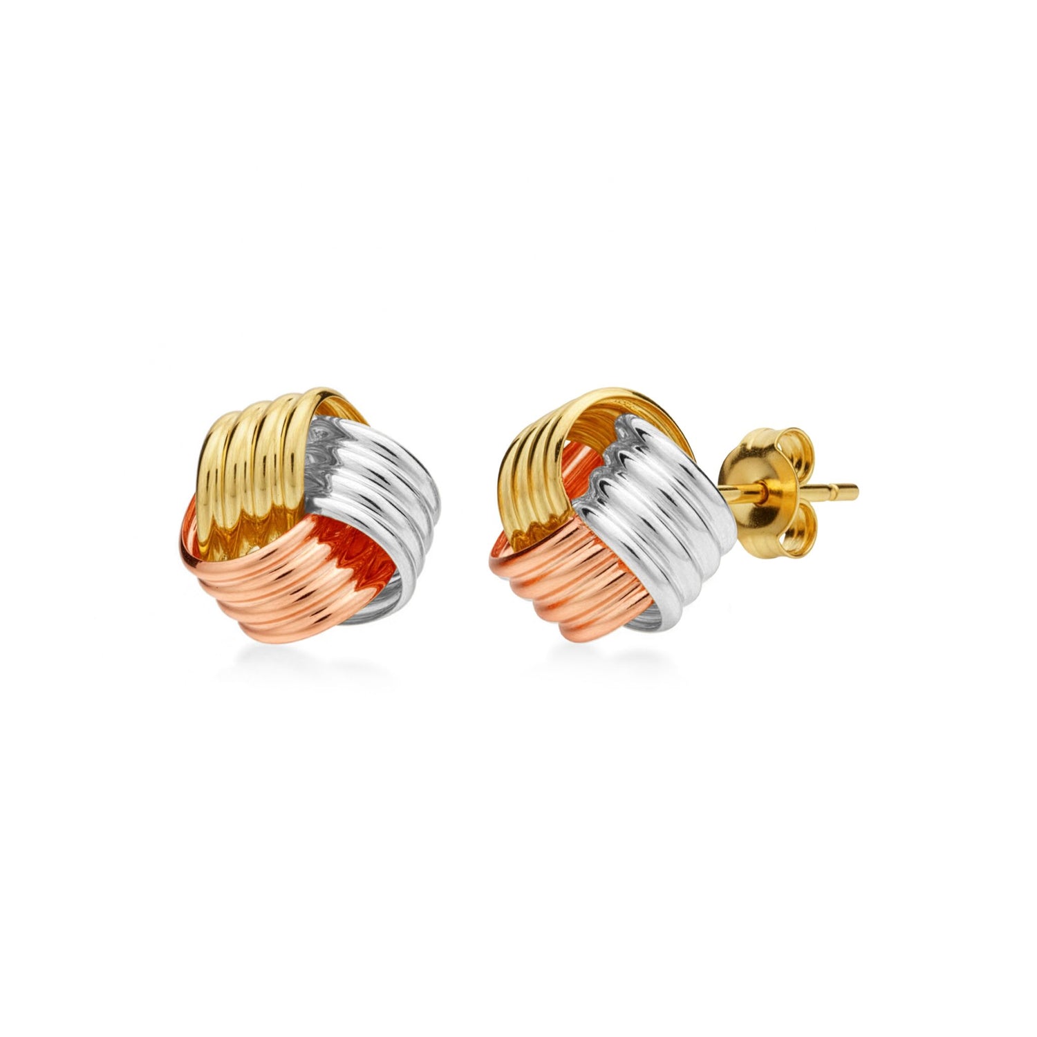 9ct Three-Tone Gold Polished Ribbed Knot Stud Earrings — 12mm