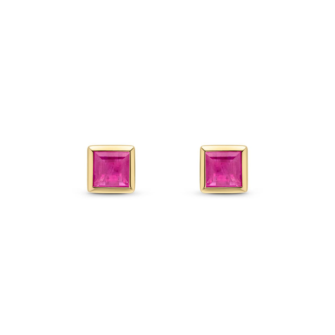 9ct Yellow Gold Square Natural Ruby Rubover Stud Earrings — 3mm