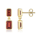 9ct Yellow Gold Octagonal Emerald Cut Natural Garnet Double Stone Rubover Drop Earrings