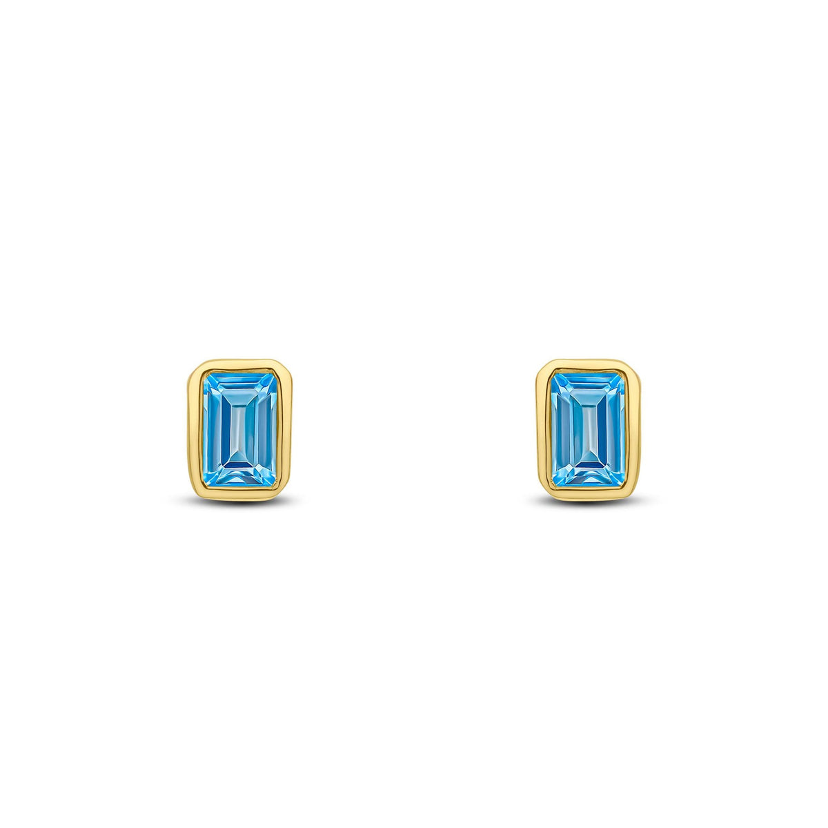 9ct Yellow Gold Octagonal Emerald Cut Natural Swiss Blue Topaz Rubover Stud Earrings — 5x3mm