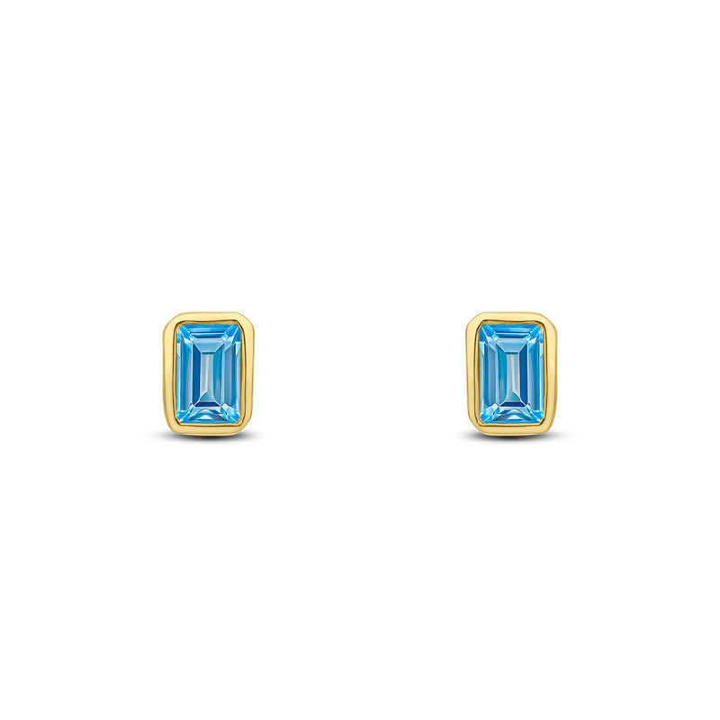 9ct Yellow Gold Octagonal Emerald Cut Natural Swiss Blue Topaz Rubover Stud Earrings — 5x3mm
