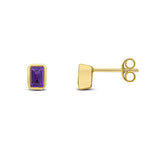9ct Yellow Gold Octagonal Emerald Cut Natural Amethyst Rubover Stud Earrings — 5x3mm