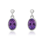 9ct White Gold Oval Natural Amethyst Rubover Drop Earrings — 6x4mm
