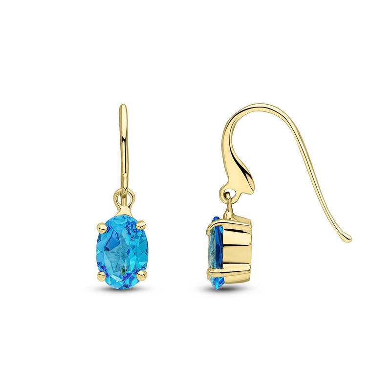 9ct Yellow Gold Oval Natural Swiss Blue Topaz Claw Hook Wire Drop Earrings — 7x5mm