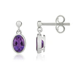 9ct White Gold Oval Natural Amethyst Rubover Drop Earrings — 6x4mm