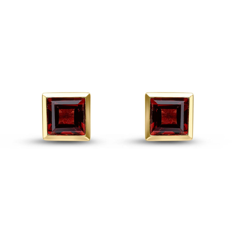 9ct Yellow Gold Square Natural Garnet Rubover Stud Earrings — 5mm