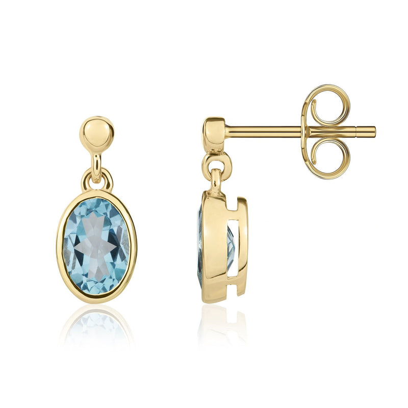 9ct Yellow Gold Oval Natural Swiss Blue Topaz Rubover Drop Earrings — 7x5mm
