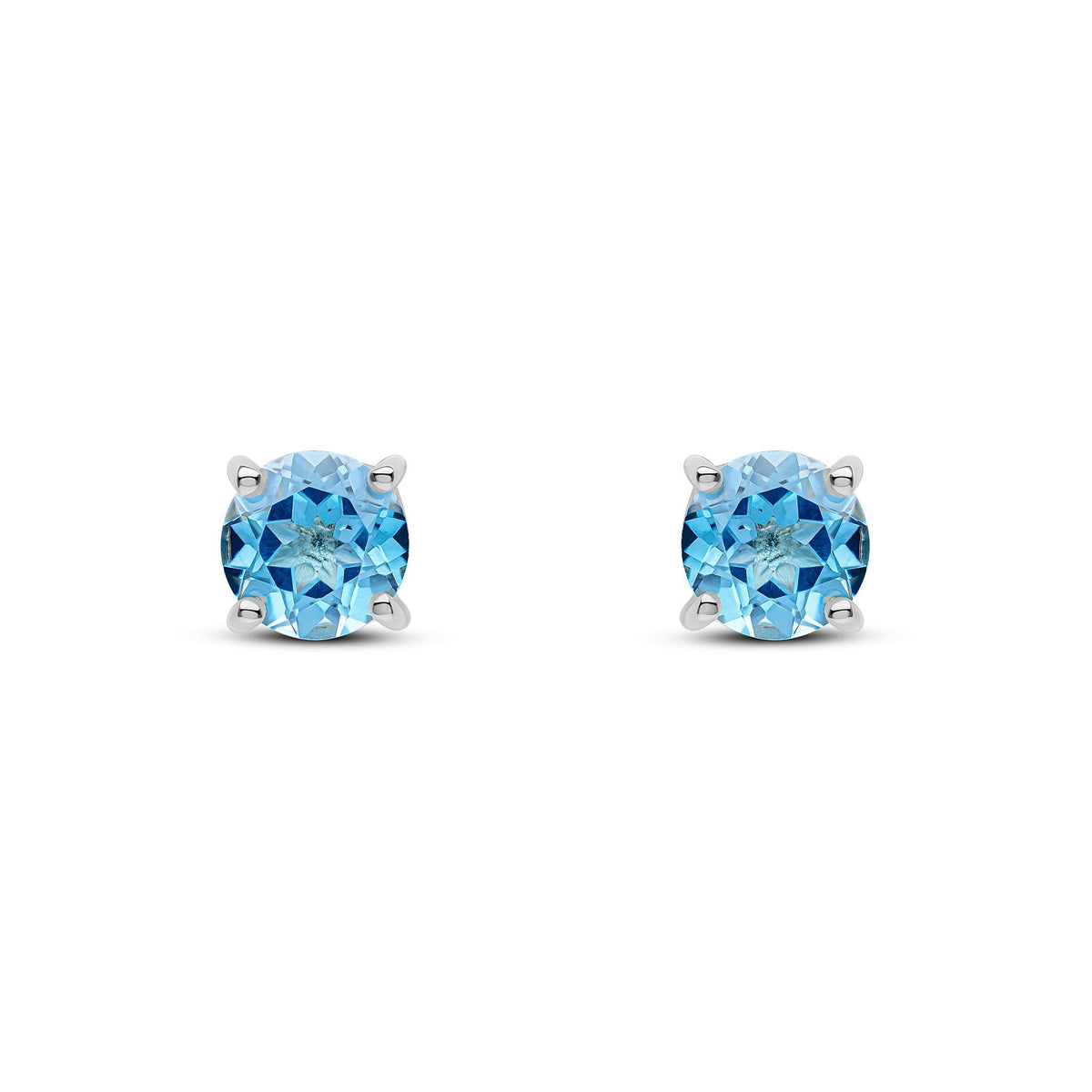 9ct White Gold Round Natural Swiss Blue Topaz Claw Set Stud Earrings — 6mm