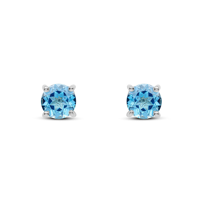 9ct White Gold Round Natural Swiss Blue Topaz Claw Set Stud Earrings — 6mm