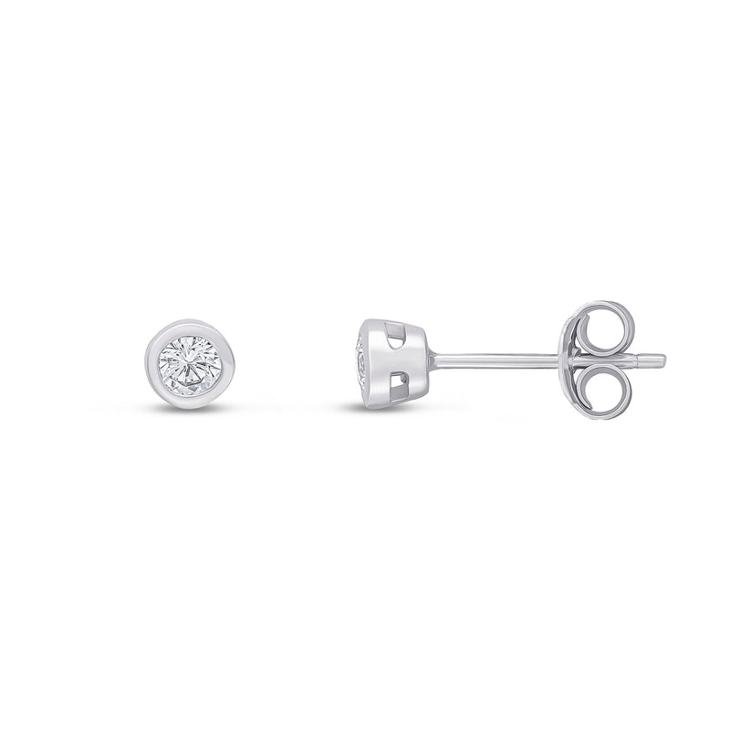9ct White Gold Round Cubic Zirconia CZ Rubover Stud Earrings — 3mm
