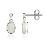 9ct White Gold Oval Natural Opal Rubover Drop Earrings — 7x5mm