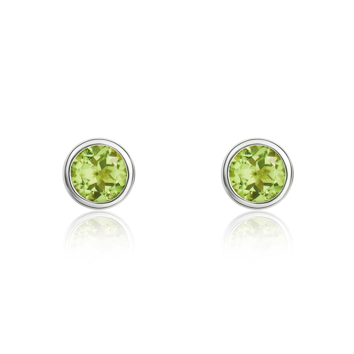 9ct White Gold Round Natural Peridot Rubover Stud Earrings — 3mm
