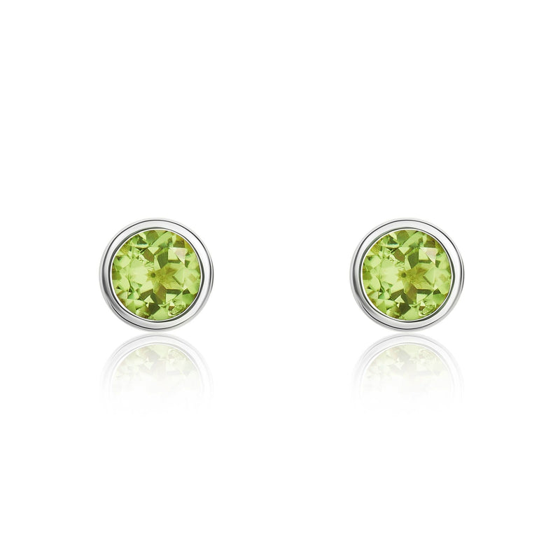 9ct White Gold Round Natural Peridot Rubover Stud Earrings — 3mm