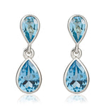 9ct White Gold Pear Shaped Natural Swiss Blue Topaz Two Stone Rubover Drop Earrings