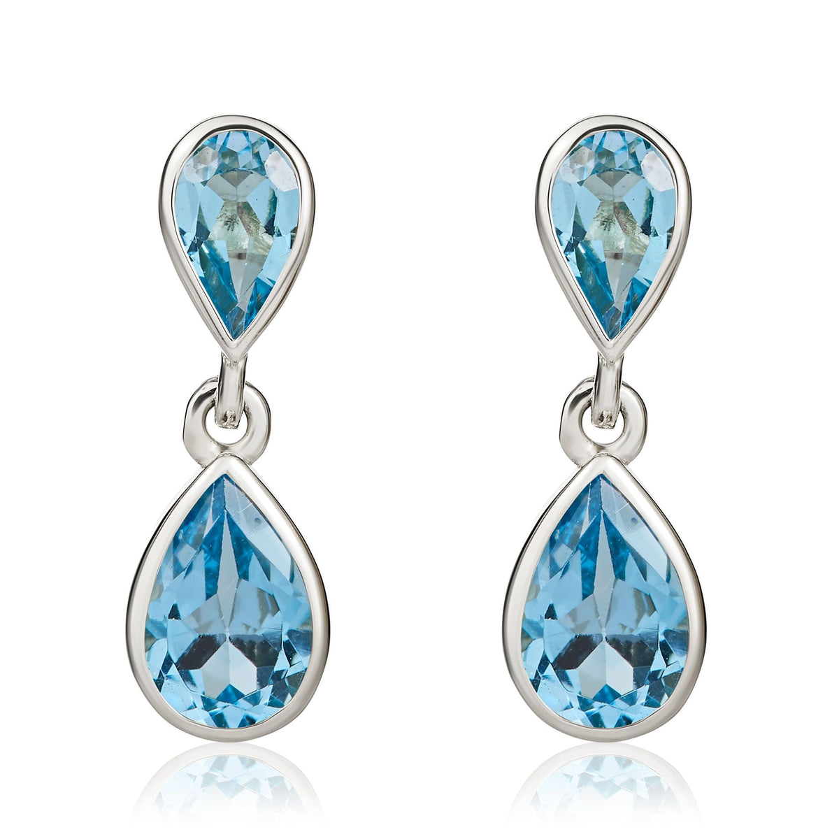 9ct White Gold Pear Shaped Natural Swiss Blue Topaz Two Stone Rubover Drop Earrings