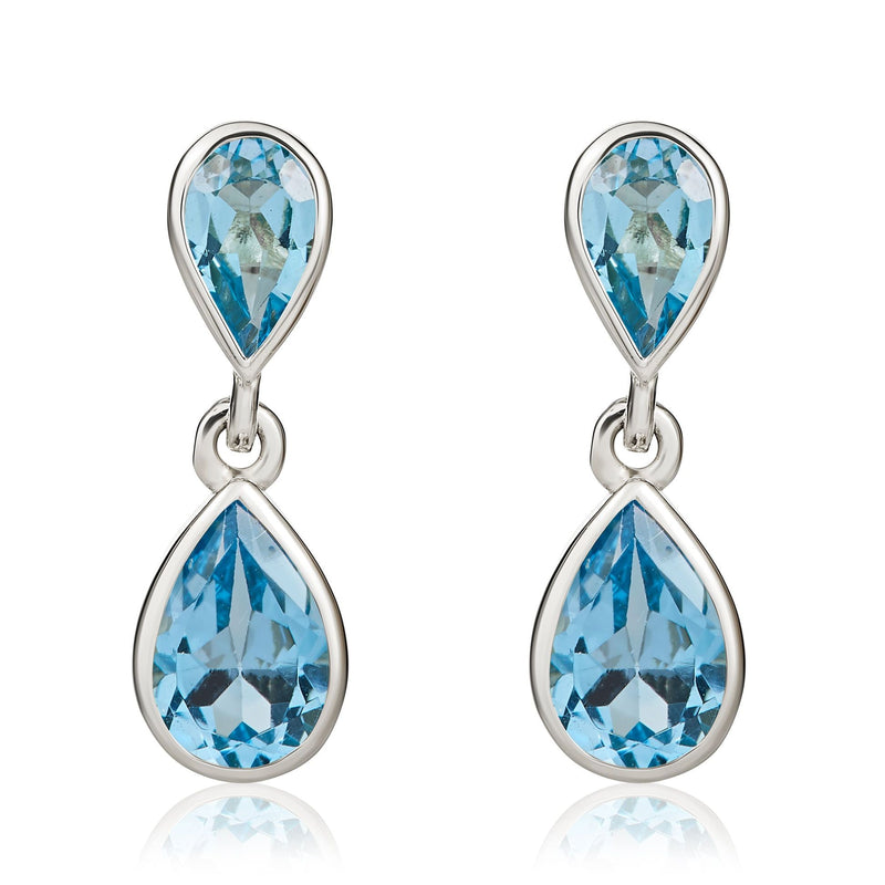 9ct White Gold Pear Shaped Natural Swiss Blue Topaz Two Stone Rubover Drop Earrings