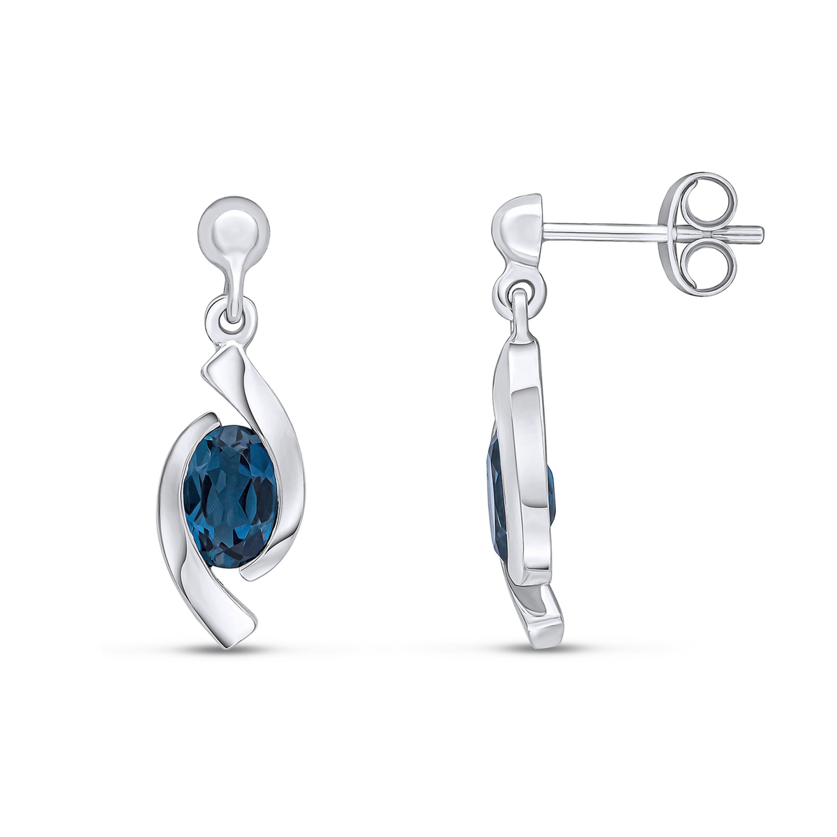 9ct White Gold Oval Natural London Blue Topaz 'Eye' Drop Earrings