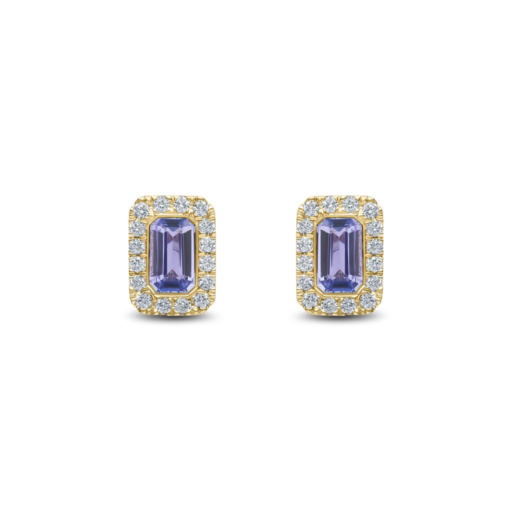 18ct Yellow Gold Octagonal Emerald Cut Natural Tanzanite and Diamond Cluster Earrings — 5x3mm
