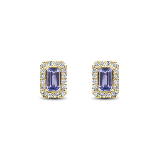 18ct Yellow Gold Octagonal Emerald Cut Natural Tanzanite and Diamond Cluster Earrings — 5x3mm
