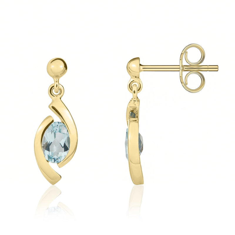 9ct Yellow Gold Oval Natural Aquamarine 'Eye' Drop Earrings — 6x4mm