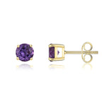9ct Yellow Gold Round Natural Amethyst Claw Stud Earrings — 5mm