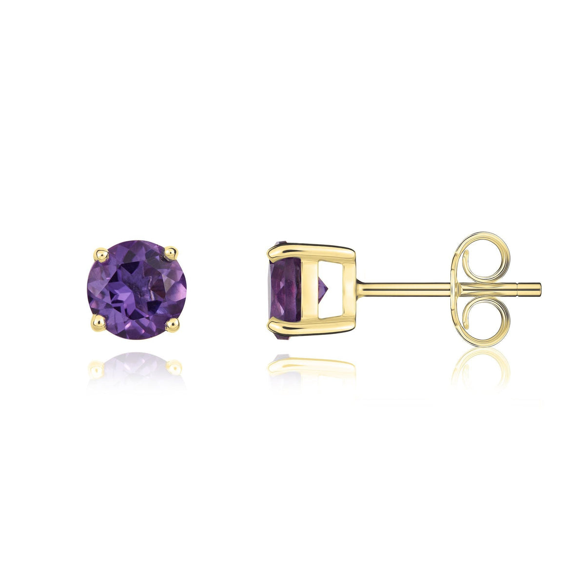 9ct Yellow Gold Round Natural Amethyst Claw Stud Earrings — 5mm