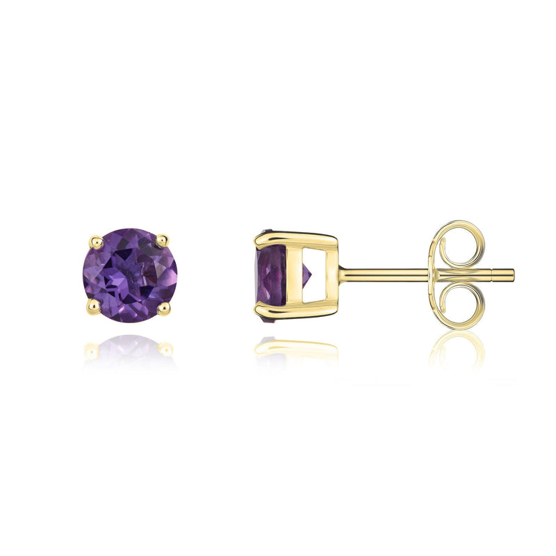 9ct Yellow Gold Round Natural Amethyst Claw Stud Earrings — 5mm