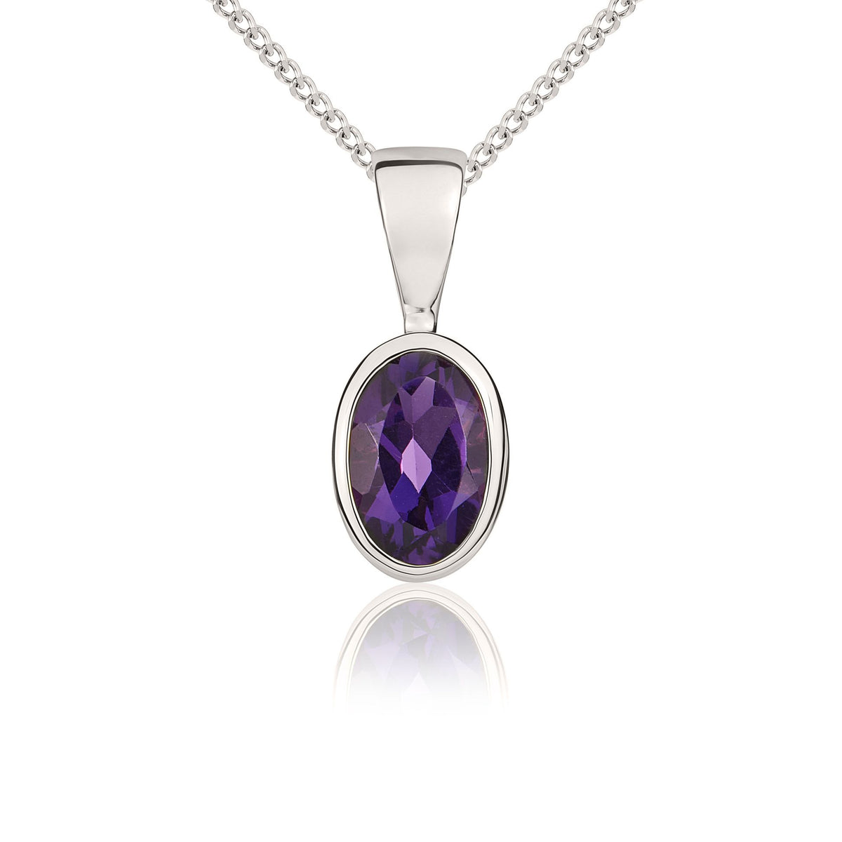 9ct White Gold Oval Natural Amethyst Rubover Pendant — 6x4mm