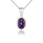 9ct White Gold Oval Natural Amethyst Rubover Pendant — 6x4mm