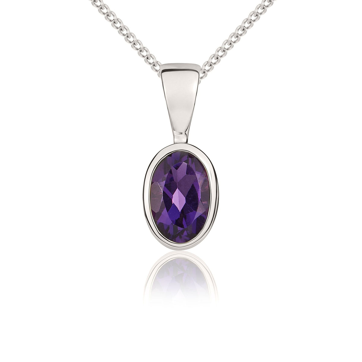 9ct White Gold Oval Natural Amethyst Rubover Pendant — 6x4mm