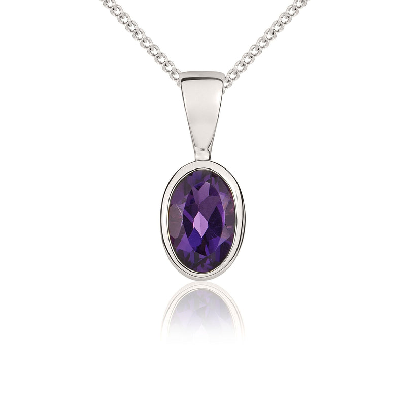 9ct White Gold Oval Natural Amethyst Rubover Pendant — 6x4mm
