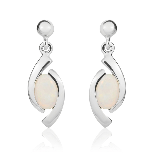 9ct White Gold Oval Natural Opal 'Eye' Drop Earrings