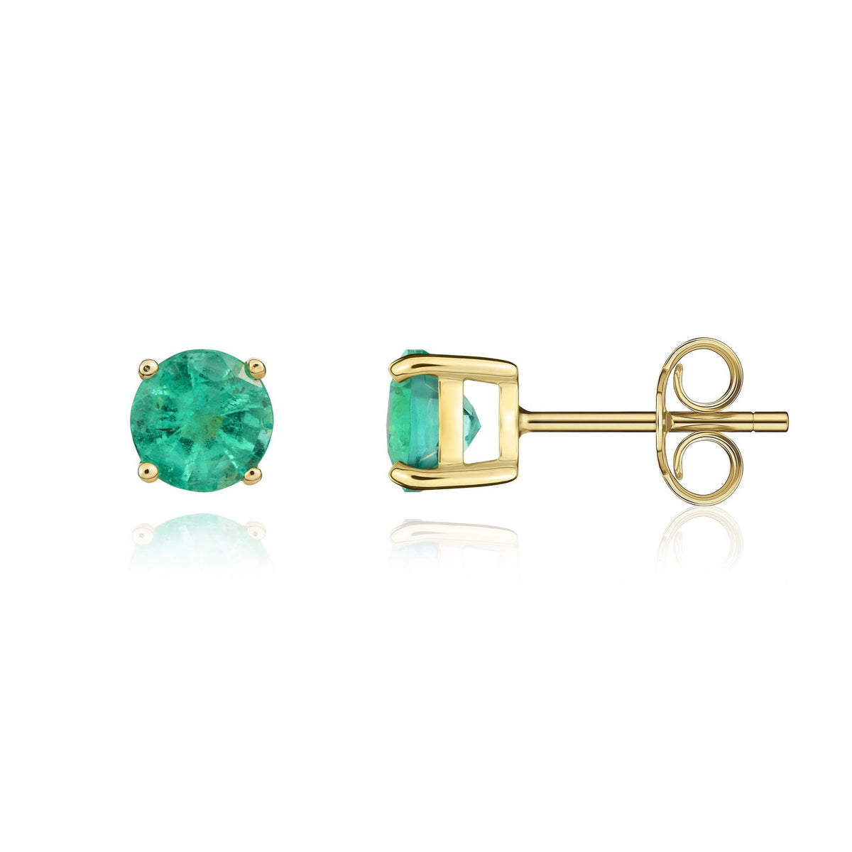 9ct Yellow Gold Round Natural Emerald Claw Stud Earrings — 5mm