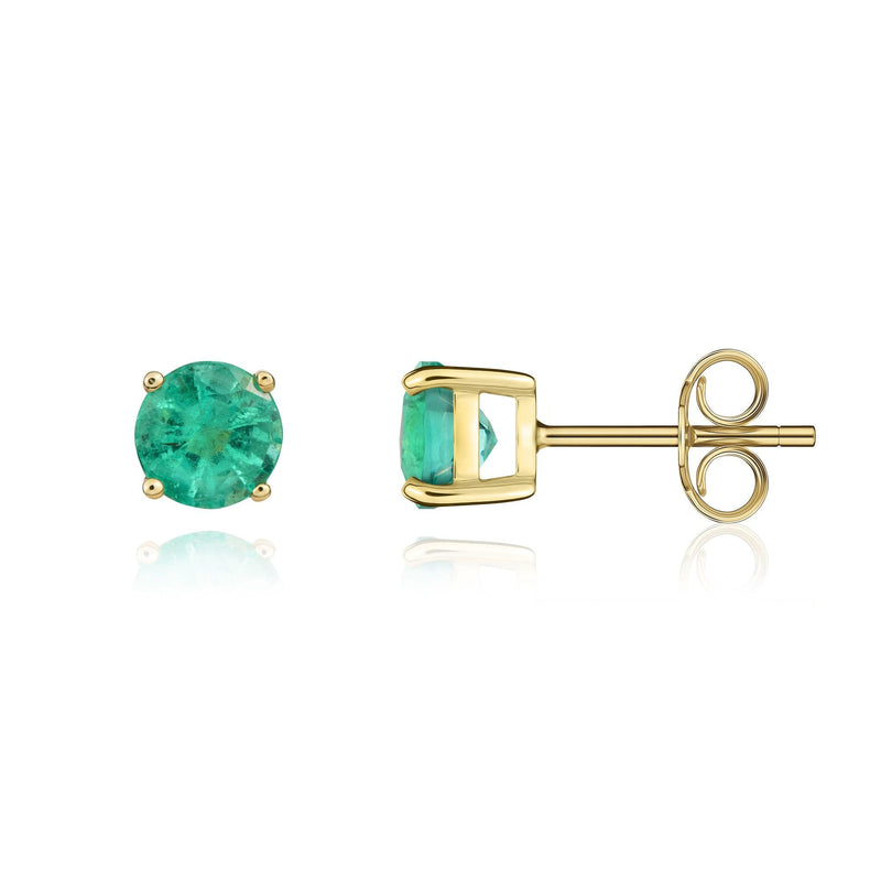 9ct Yellow Gold Round Natural Emerald Claw Stud Earrings — 5mm