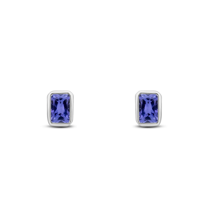 9ct White Gold Octagonal Emerald Cut Natural Tanzanite Rubover Stud Earrings — 5x3mm
