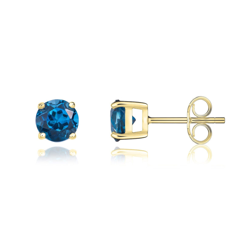 9ct Yellow Gold Round Natural London Blue Topaz Claw Stud Earrings — 5mm