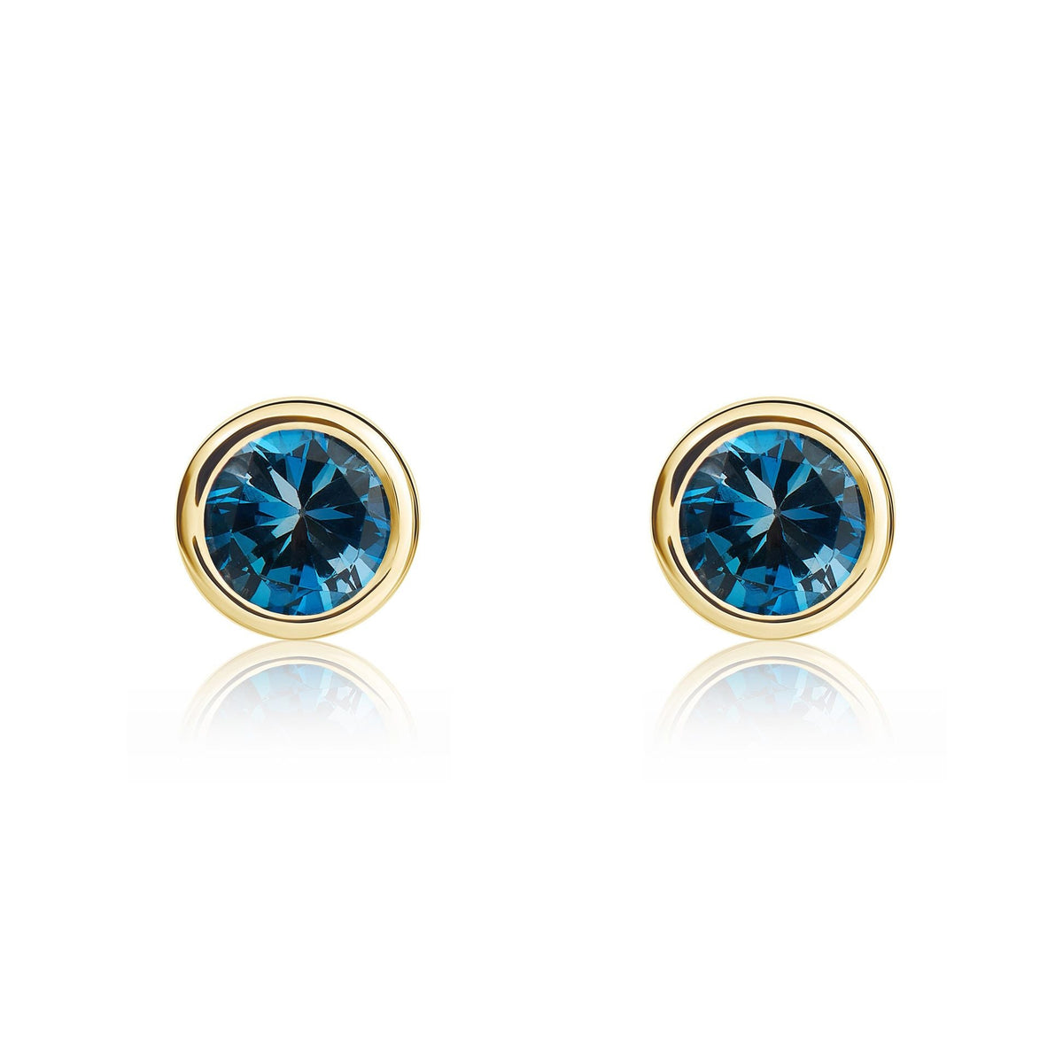 9ct Yellow Gold Round Natural London Blue Topaz Rubover Stud Earrings — 4mm