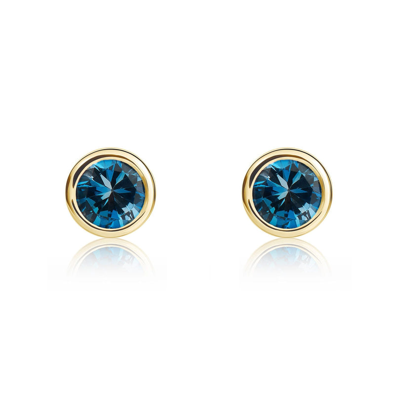 9ct Yellow Gold Round Natural London Blue Topaz Rubover Stud Earrings — 4mm