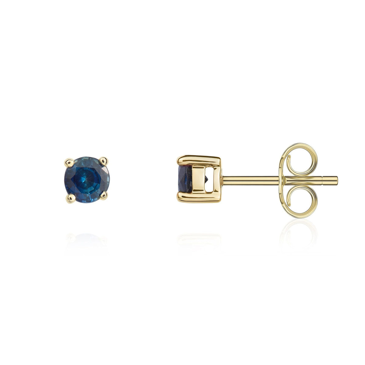 9ct Yellow Gold Round Natural Sapphire Claw Stud Earrings — 4mm