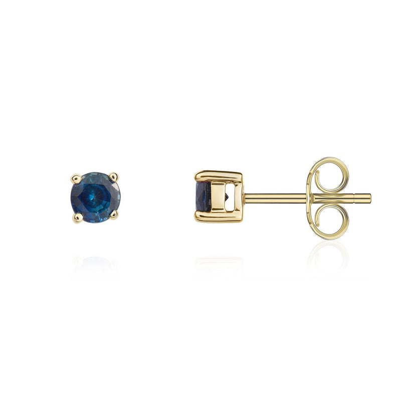9ct Yellow Gold Round Natural Sapphire Claw Stud Earrings — 4mm